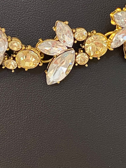 Goldtone Statement Necklace Vine Design Green Clear Faceted Jewels 16-18" Lays Flat