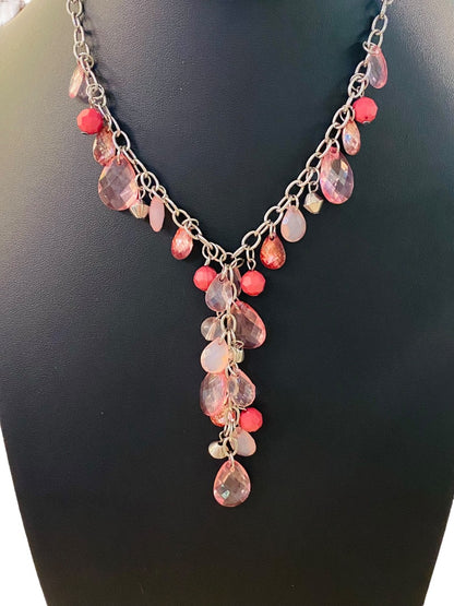 Silvertone Necklace Pink and Mauve Acrylic Faceted Beads 16-19" with 3" Drop