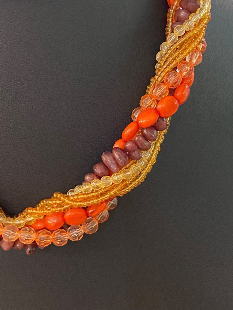 Vintage Twist Multistrand Acrylic Beaded Necklace 18-21" Orange Brown Lobster Clasp