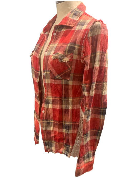 Small White Crow Anthropologie Red Plaid Women's Fitted Button Up Crochet