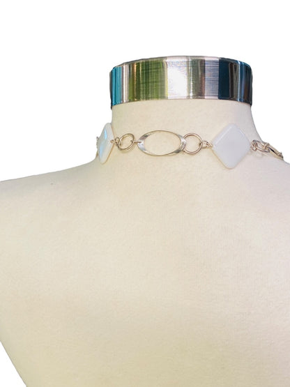 Silvertone and White Acrylic Square Necklace Overhead 34" Lightweight