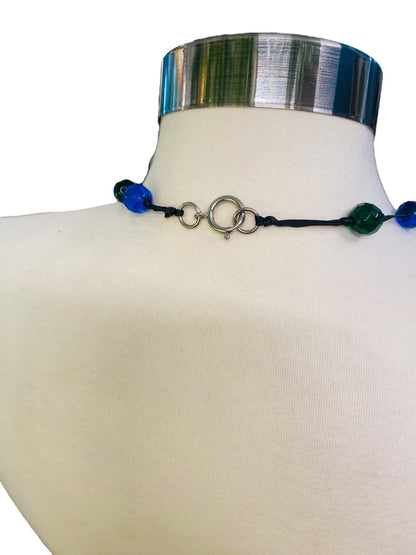 Blue Green Black Knotted Ribbon Necklace Faceted Beads 48" Oversize Spring Clasp