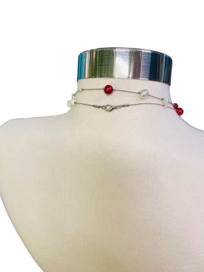 Silvertone Red Chain Necklace Strand String 67" Lobster Clasp Faux Assorted Pearls