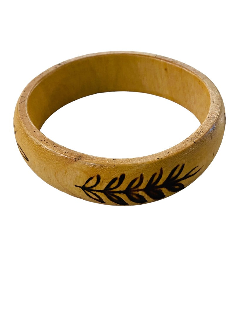 Vintage Wooden Bangle Bracelet Wood Burned Fern Design 2.75" Inside Diameter