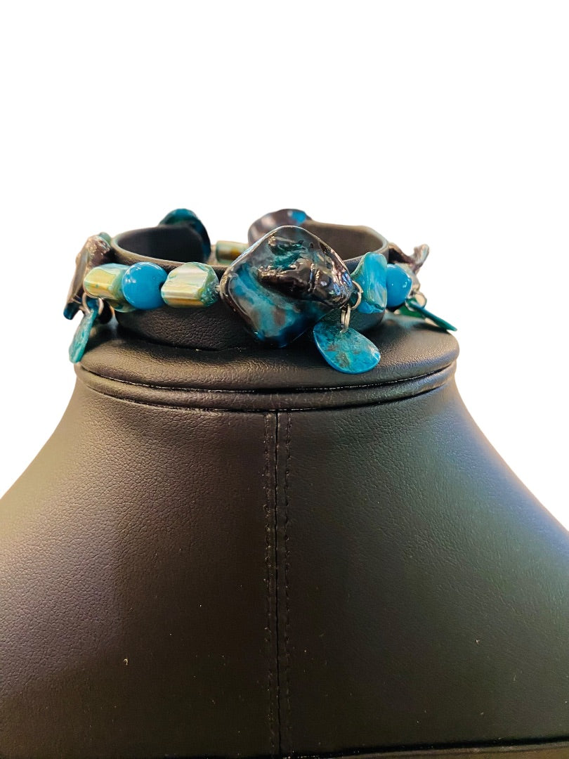 Teal Black Beaded Stretch Bracelet Glass Beads  Dangle Shells