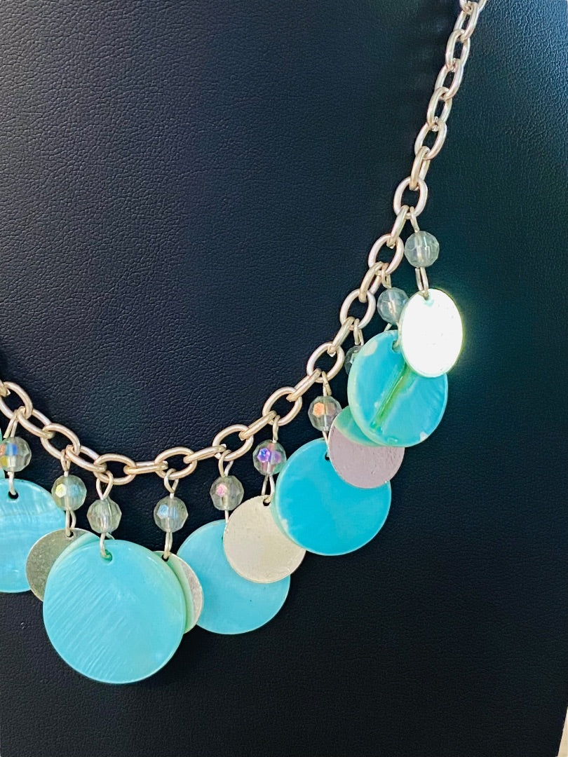Silvertone and Aqua Charm Layered Circle Necklace 16-19" Lobster Clasp