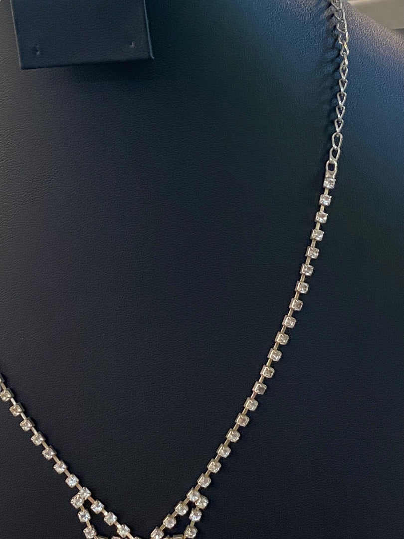 Rhinestone Formal Silvertone Necklace 21" Lobster Clasp 2" Drop