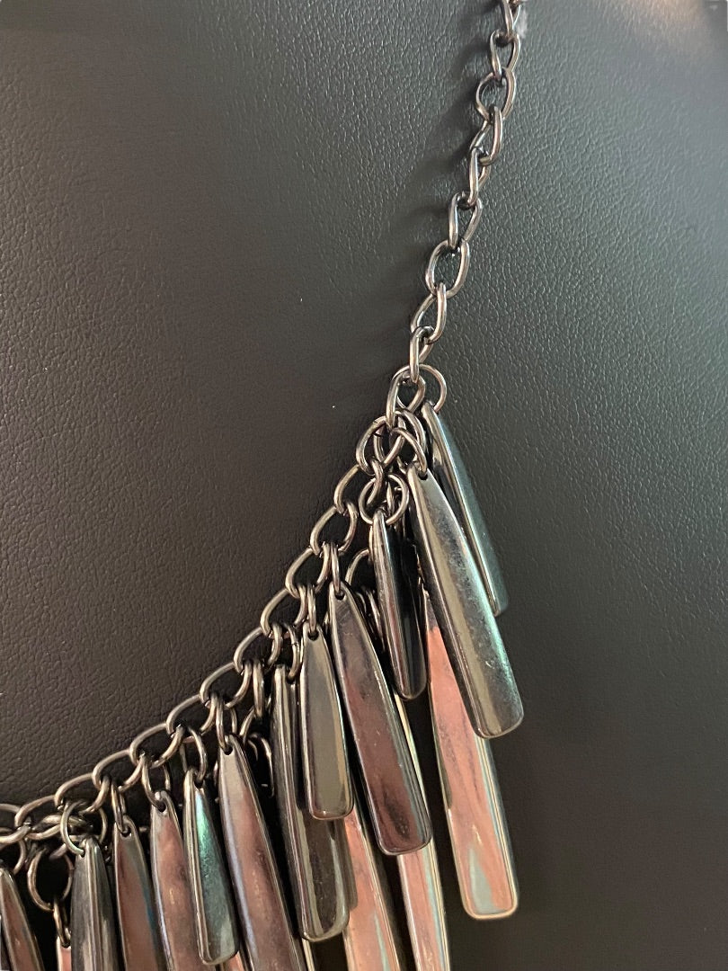 New York & Co Pewter Color and Silvertone Fringe Necklace 18-21" Lobster Clasp 1.5" Drop