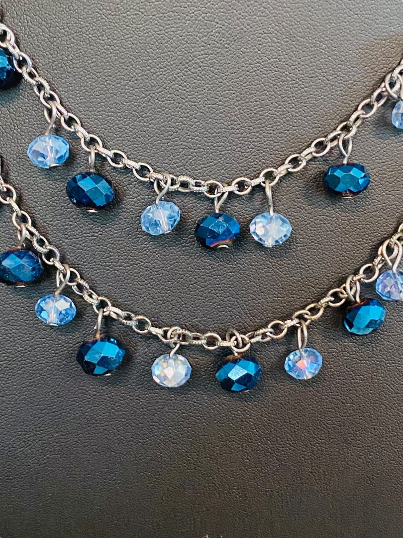 Dark Silvertone Blue Beaded Layered Necklace Floral 19" Lobster Clasp