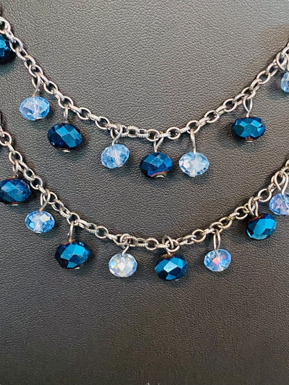 Dark Silvertone Blue Beaded Layered Necklace Floral 19" Lobster Clasp