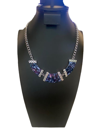 Silvertone Blue Purple 21" Statement Necklace Acrylic Swirl Lays Flat