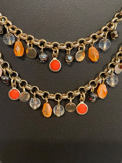 Brushed Goldtone Beaded Double Strand Necklace 17.5"Beaded 3" Drop