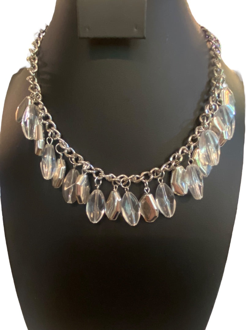 Silvertone 17" Statement Necklace Clear Charm Beads Lobster Clasp