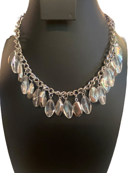 Silvertone 17" Statement Necklace Clear Charm Beads Lobster Clasp