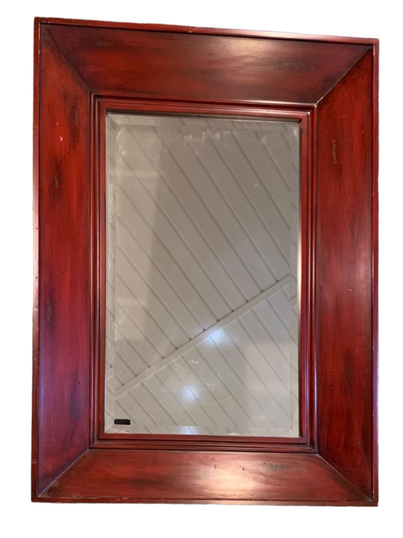 Large Heavy Wooden Framed Beveled Mirror Cherry Color 43" x 30"