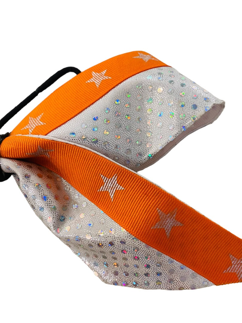 Girls Oversize Hair Bow 8" Elastic Ponytail Silver Orange Star Print