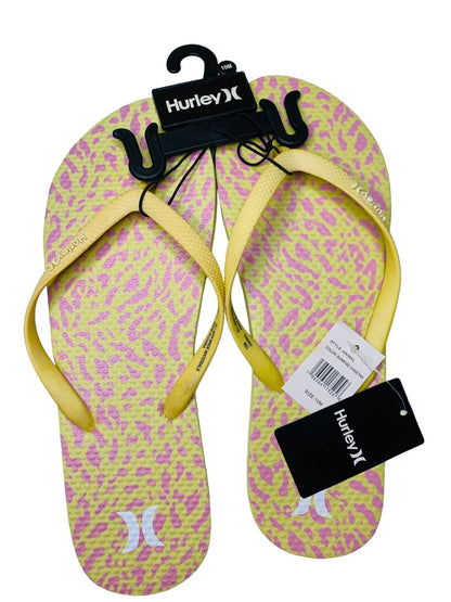 10M Hurley Womens New Animal Flip Flops Yellow Pink Cheetah Sunrise