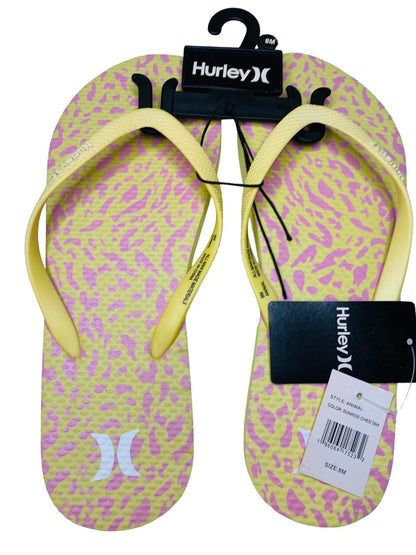 8M Hurley Womens New Animal Flip Flops Yellow Pink Cheetah Sunrise