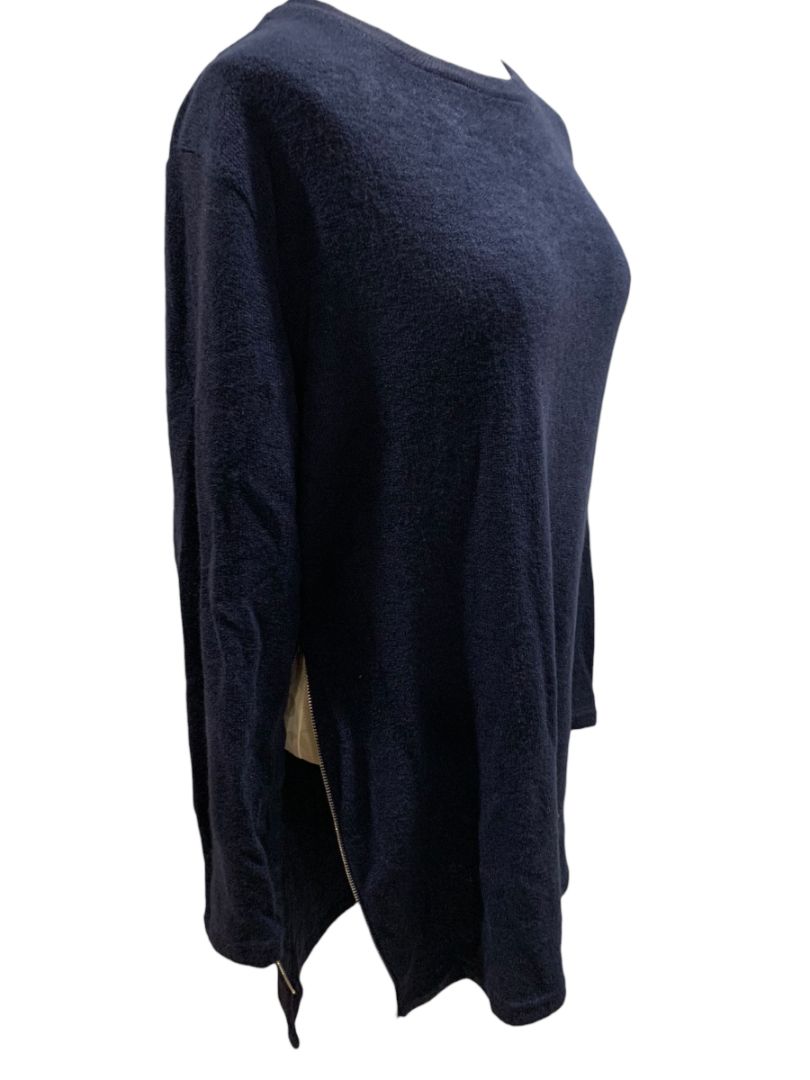 Small Womens Navy Blue Long Tunic Sweater New Side Zip Detail Silvertone