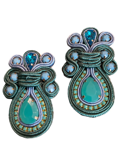 Soutache Post Earrings Flat Ribbon Statement Teardrop Turquoise Ornate 2.5"