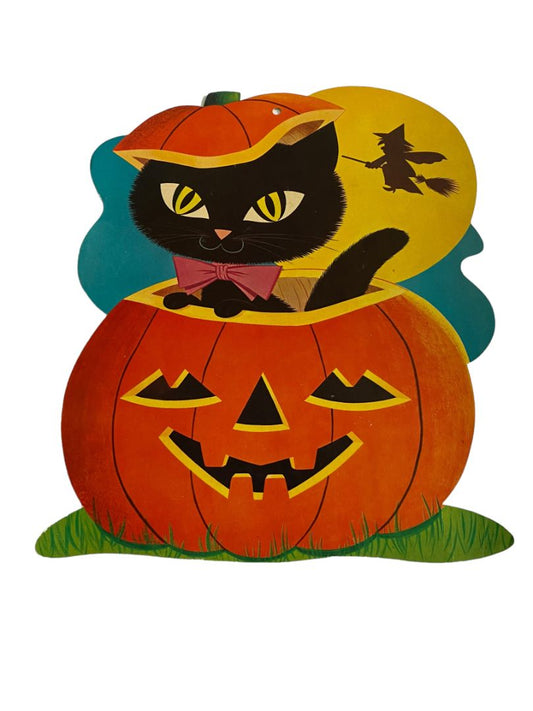 Vintage Cat Jack O' Lantern Cardboard Cut Out Decor Halloween