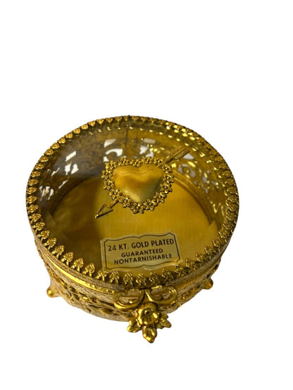 1960s Ormolu Gold Heart 24K Gold Plated 3" Round Jewelry Trinket Box New Carters Scranton PA