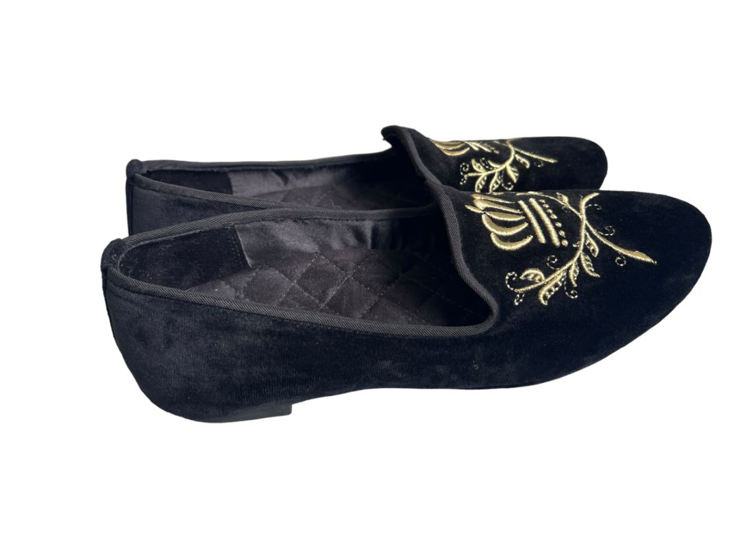 7.5 M Vionic Romi Black Velvet Flat Smoking Loafer Comfort Regal Crest Embroidered