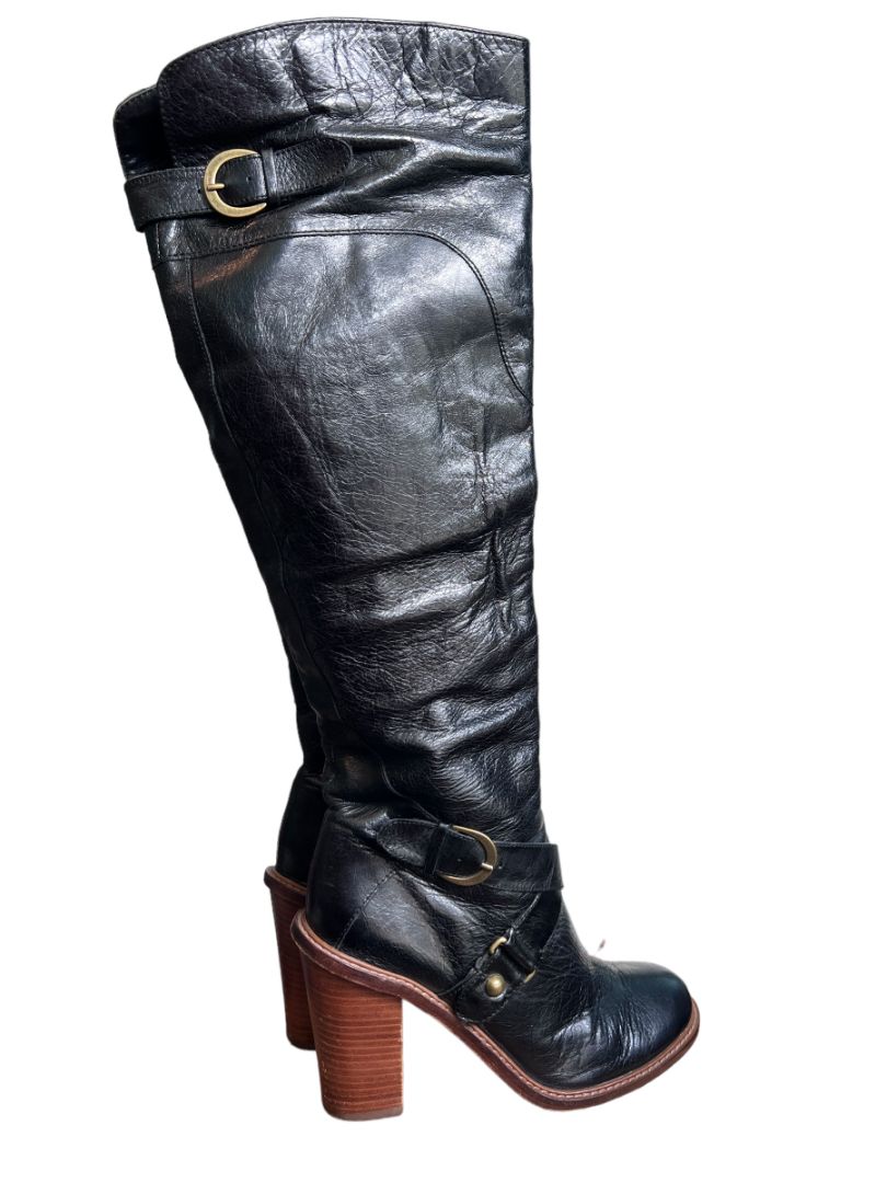 Size 8M Boutique Women's Charissa Black Leather Over the Knee Buckle Heeled Boots Boot
