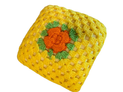 Vintage 1980s Crochet Cover Flower Throw Pillow 10" Accent Yellow