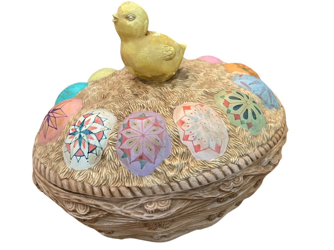 Vintage Hand Painted Chick on Ukrainian Eggs Basket Lidded Cookie Jar