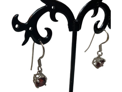 Sterling Silver 925 Red Glass Inset Faceted Pierced Hook Earrings 1" Drop Dangle