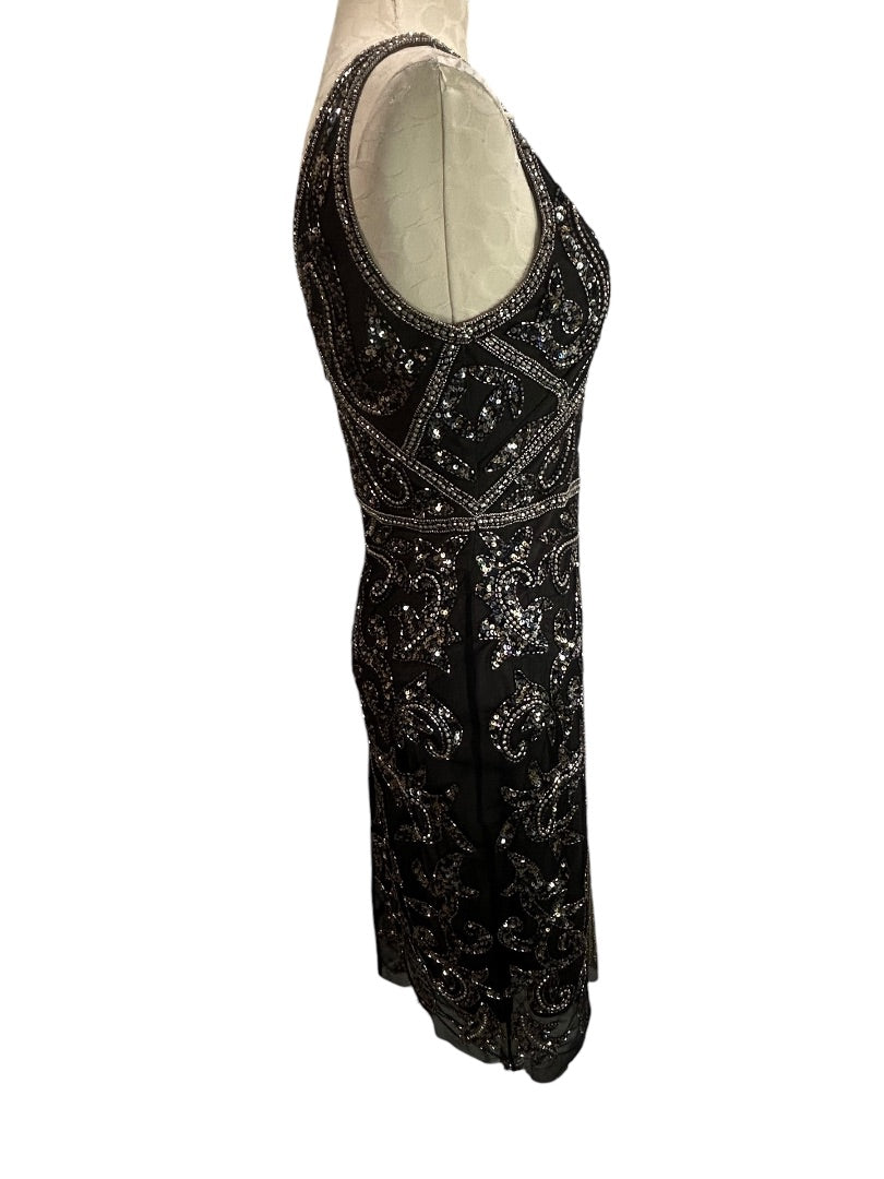 Size 6 Adrianna Papell New Beaded Black Sheath Dress Pewter Silver Beading Sleeveless