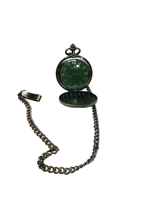 Guess Pocket Watch Working Green Face Leather Case Pewter Color 17" Chain Retro