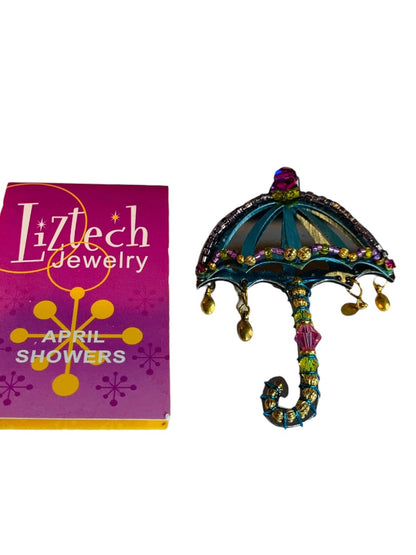 Signed Liztech Jewelry April Showers Brooch Pin 2008 Umbrella 2.5" with Tag