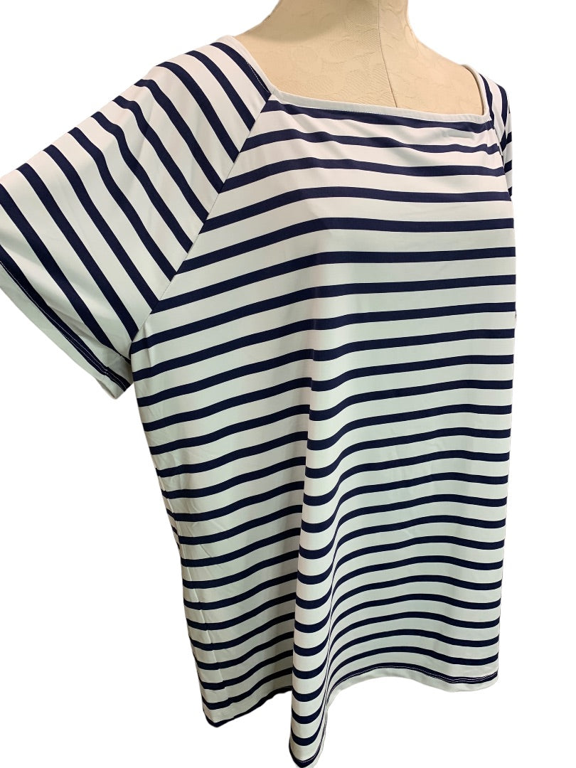 3X Talbots Womens Navy Blue White Stripe Square Neck Short Sleeve Pullover Stretch Fabric