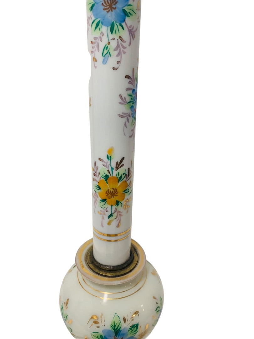 Vintage Milk Glass Painted Floral Table Lamp Blue Yellow Gold Trim Works 18.75"h