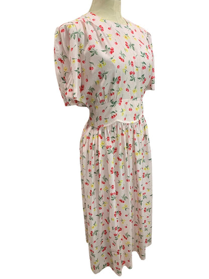 Size 10P Karen Stevens Petite Vintage 1990s Midi Dress Pink Cherry Print