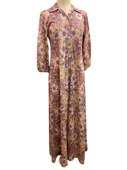 Large Custom Made by D. Wear 1960s Pullover Floral Polyester Long Dress