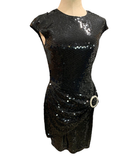 Size 6 Nite Line Vintage 1990s Black Sequin Dress Sheath Waist Drape