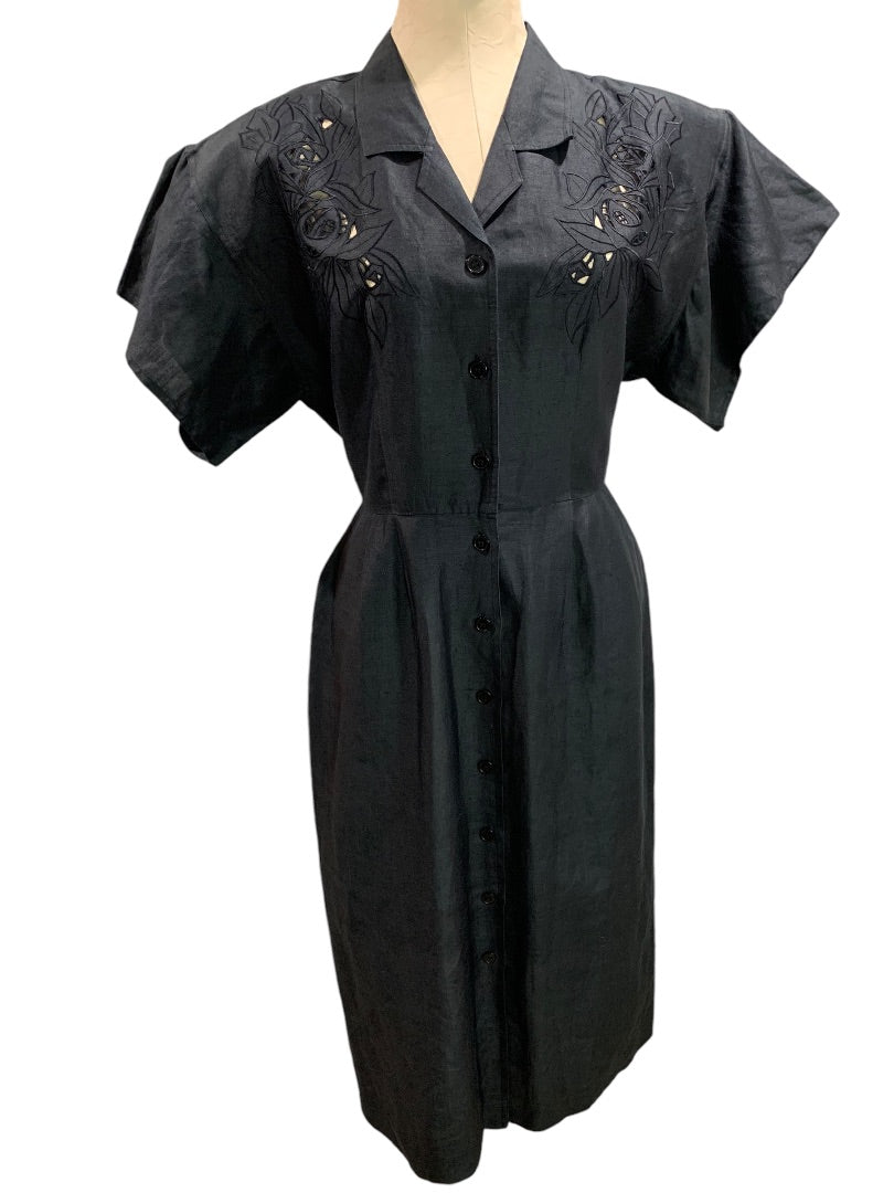 Size 10 Axiom Vintage 1990s Silk Blend Black Eyelet Dress Pockets