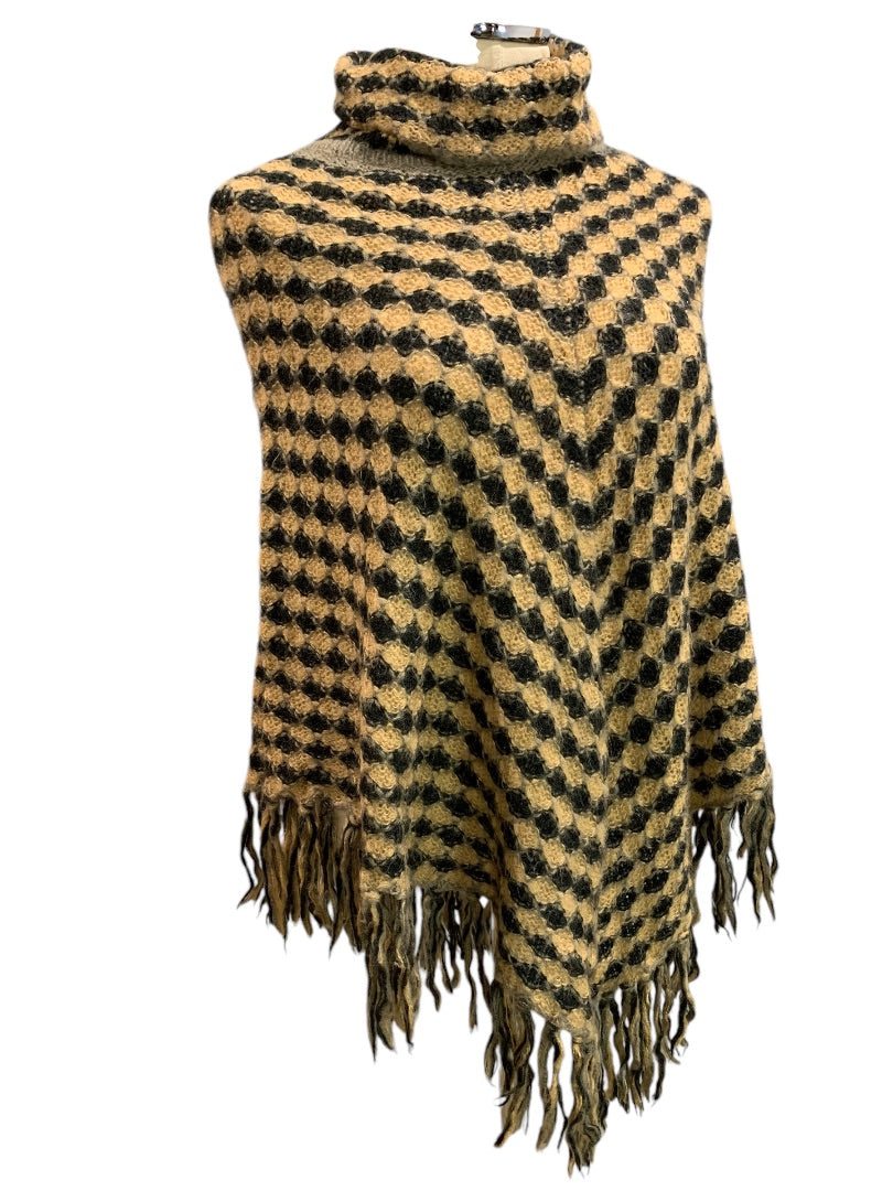 One Size Big Buddha Womens Fringed Poncho Turtleneck Checked Soft