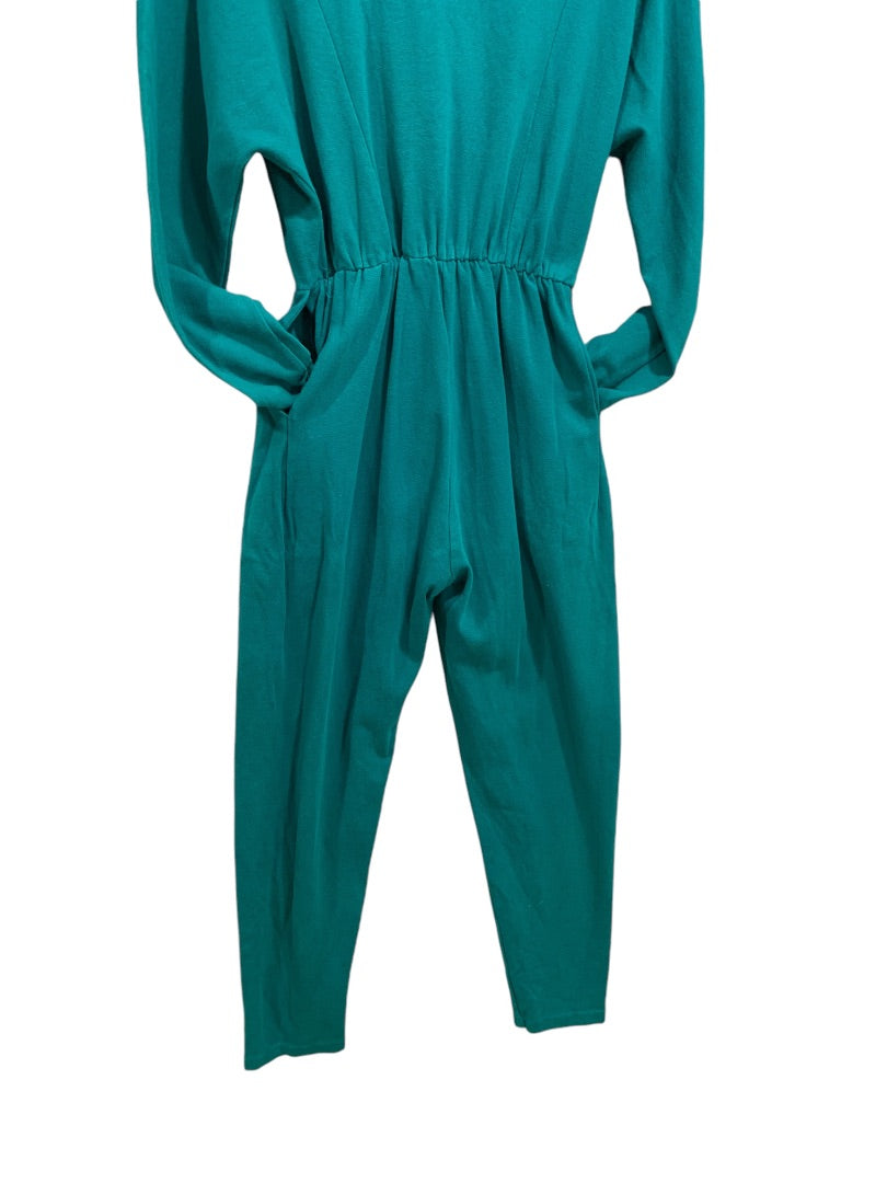 Small FADS 1980s Womens Teal Knit Jumpsuit Snap Bodice Pockets