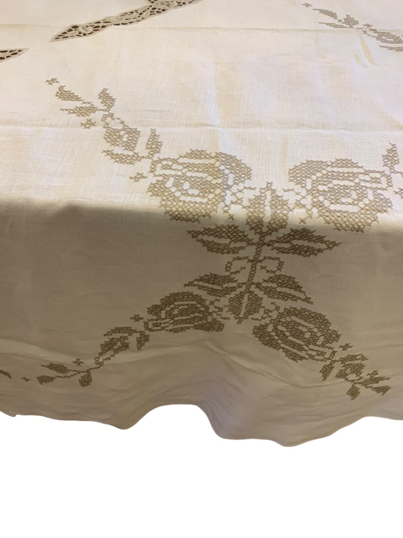 Vintage Tablecloth Embroidered Taupe Floral 66 x 83 Inches Scalloped Edge