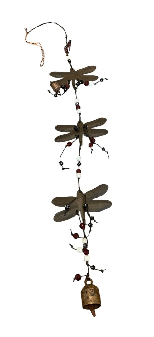 Rustic 30" Metal Dragonfly Bell Glass Beads 4.5 Inch Wingspan