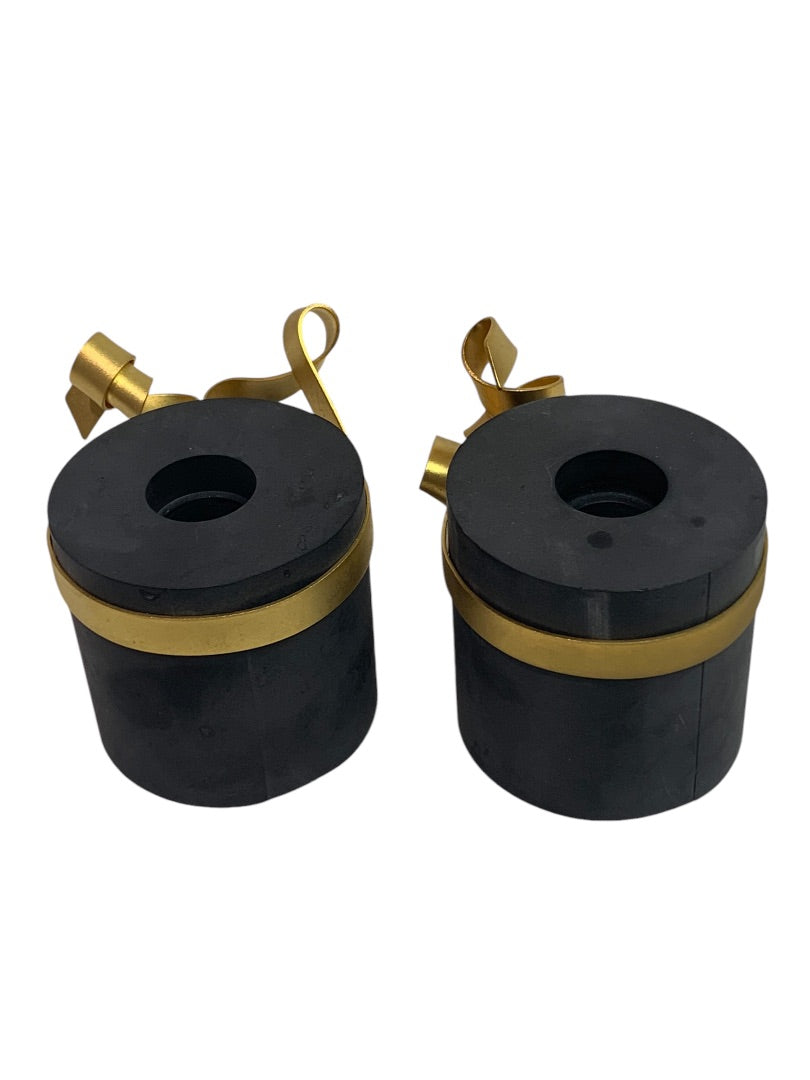 Black Soapstone Taper Candleholders Goldtone Metal Ribbon