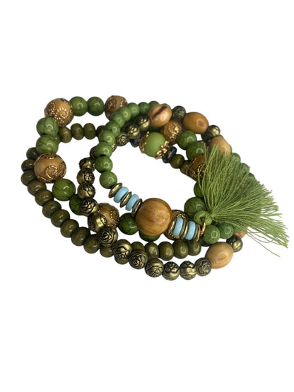 Set of 4 Green Gold Boho Stretch Bracelets Tassel Beaded