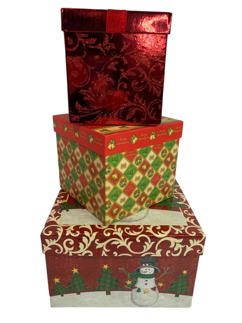 Set of 3 Holiday Christmas Boxes Gift Box Snowman 8 5 4.5 Inch