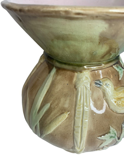 Antique Majolica Spitoon Cuspidor Birds Brown Lavender Interior