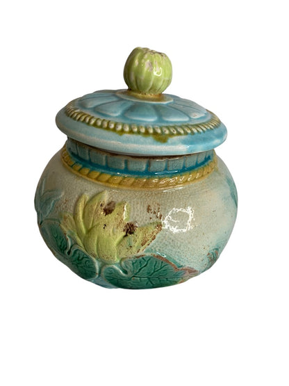 Antique Majolica Water Lily Lidded Jar Pot 5.25 Inch