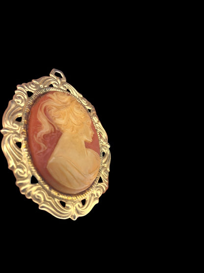 Vintage Cameo Pendant Goldtone Pink Statement 2.25 Inches